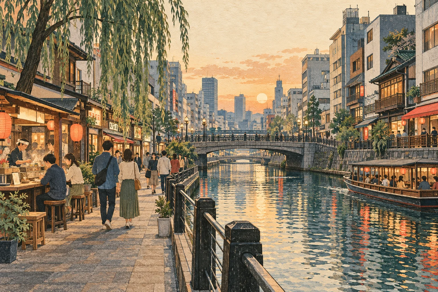 Illustration conceptuelle originale d’un canal d’Osaka au crépuscule, avec pont, restaurants au bord de l’eau et promeneurs