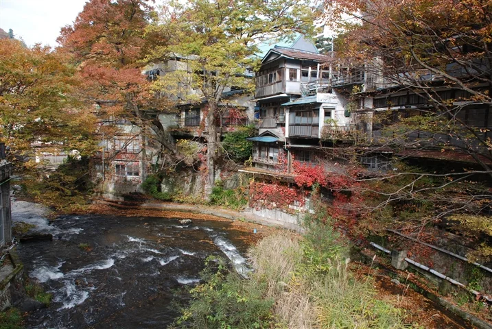 東山溫泉湯川沿岸的秋色與旅館建築(2007年11月30日)