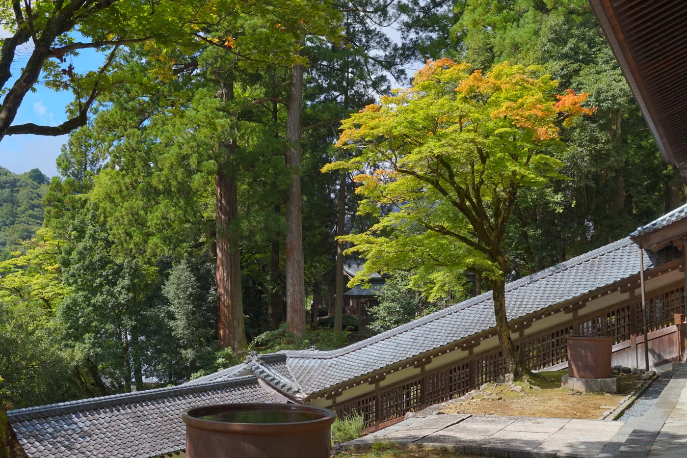 永平寺庭院旁沿山坡延伸的有頂木造連廊