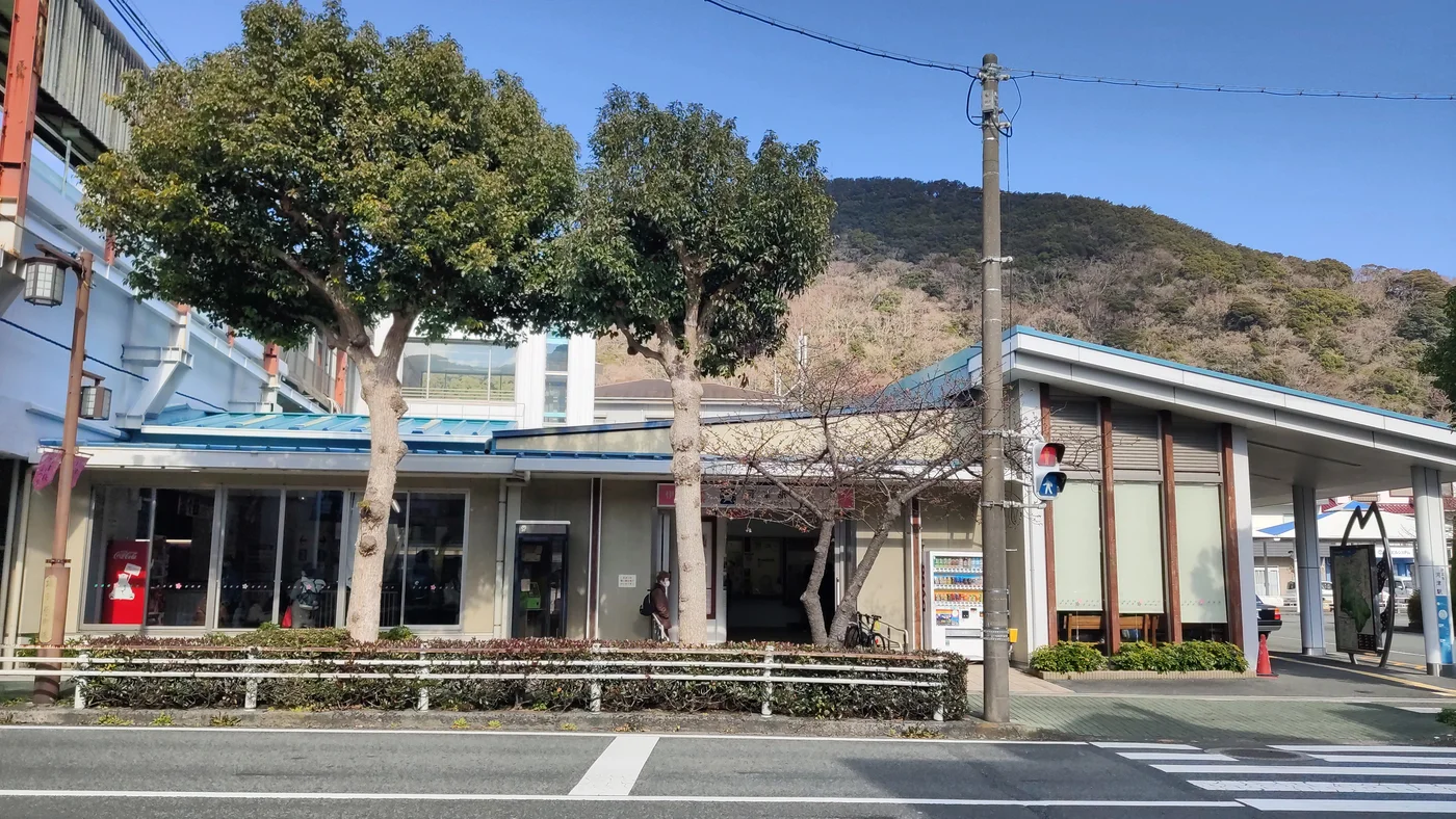 伊豆急行河津站的站房、出入口遮棚、站前樹木與斑馬線