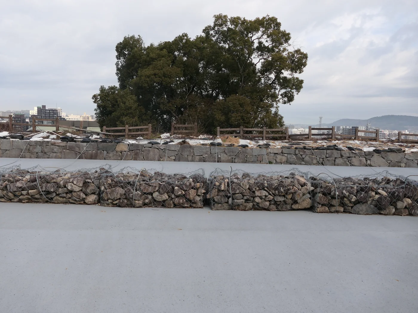 熊本城修復中的石材與圍線,後方有石垣及建築