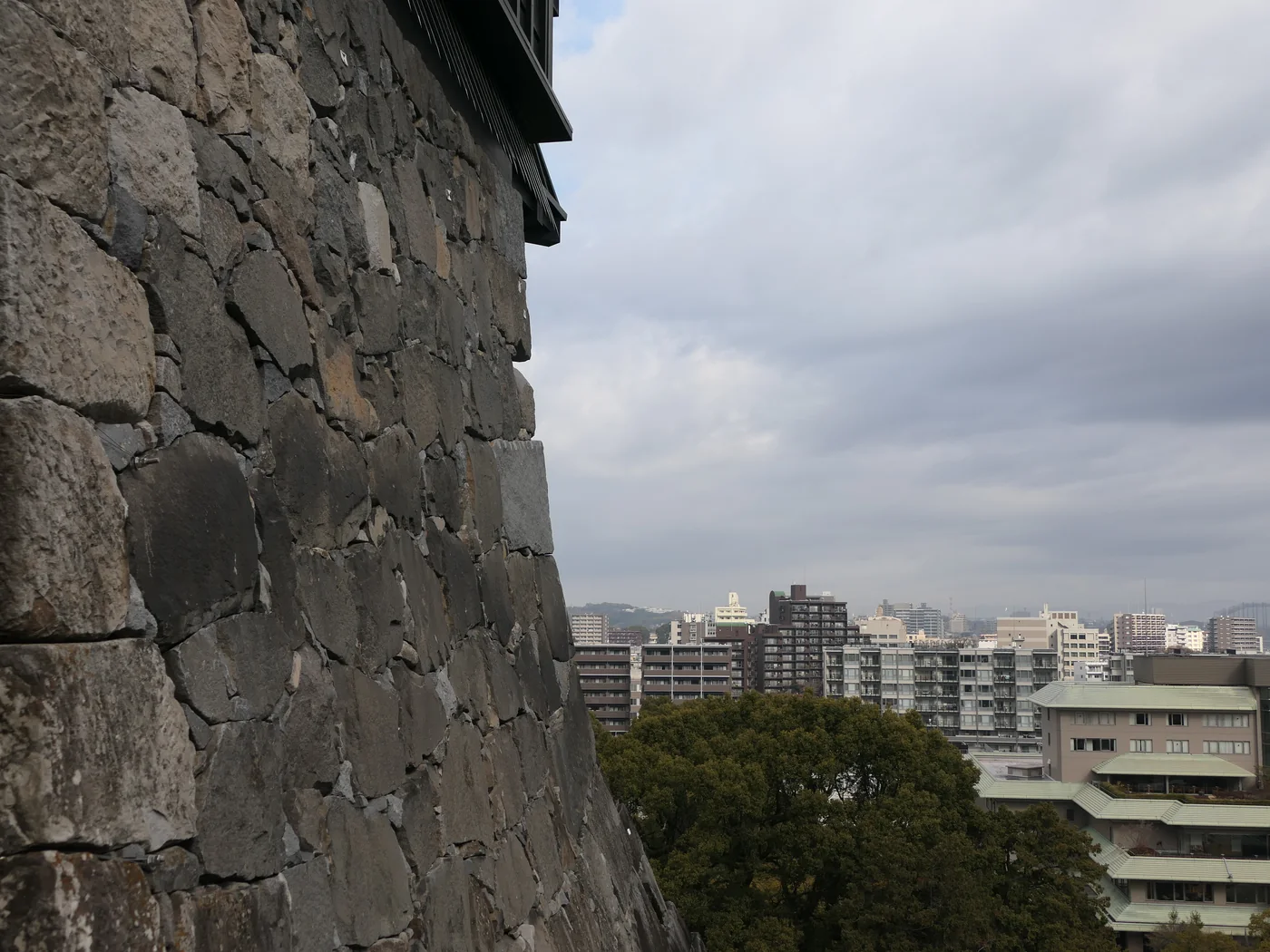 近處是熊本城高聳的石垣,遠處可見樹木與熊本市街建築