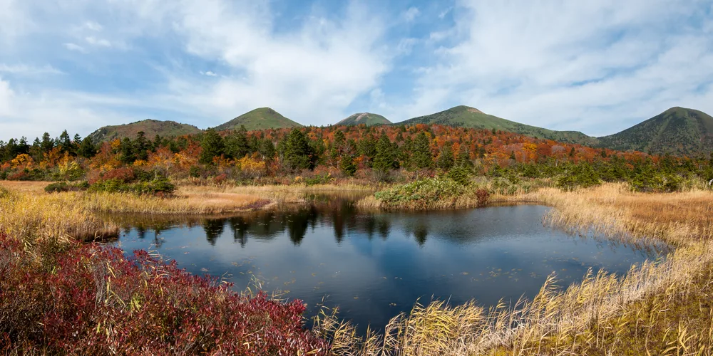 睡蓮沼的水面與八甲田群山秋色(2012年10月)