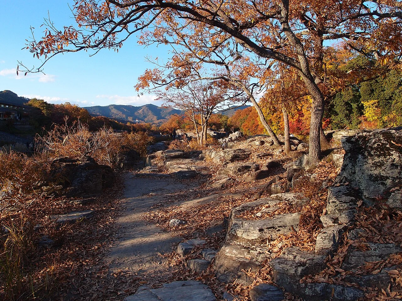 長瀞岩疊上的層狀岩面、步行地形與秋色樹木