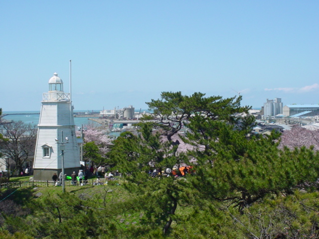 日和山公園的木造六角燈塔、櫻花與港景（2005年4月24日）。