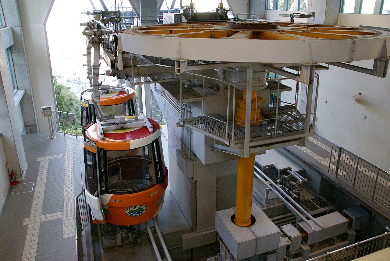 2007年眉山纜車站內的輪盤與橘色車廂