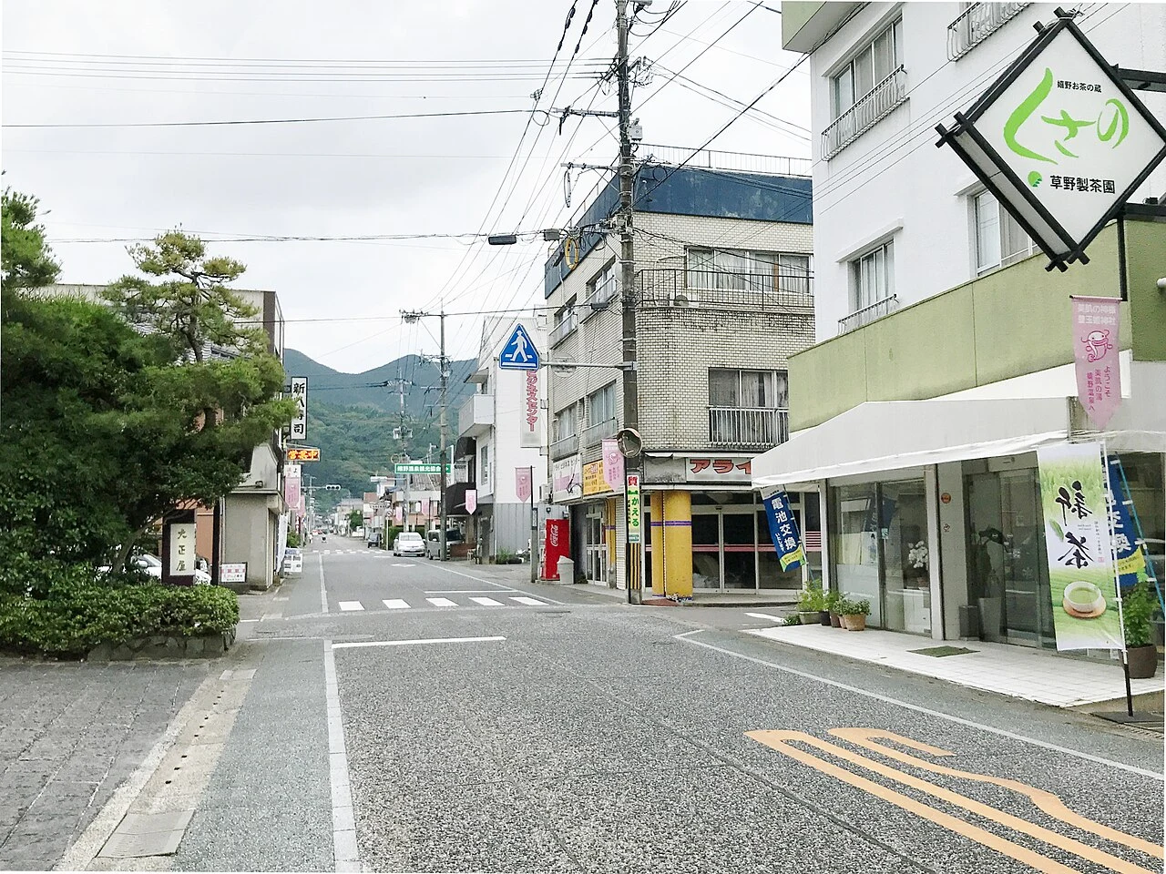 嬉野溫泉本通路面、街側茶店與大正屋入口附近樹木