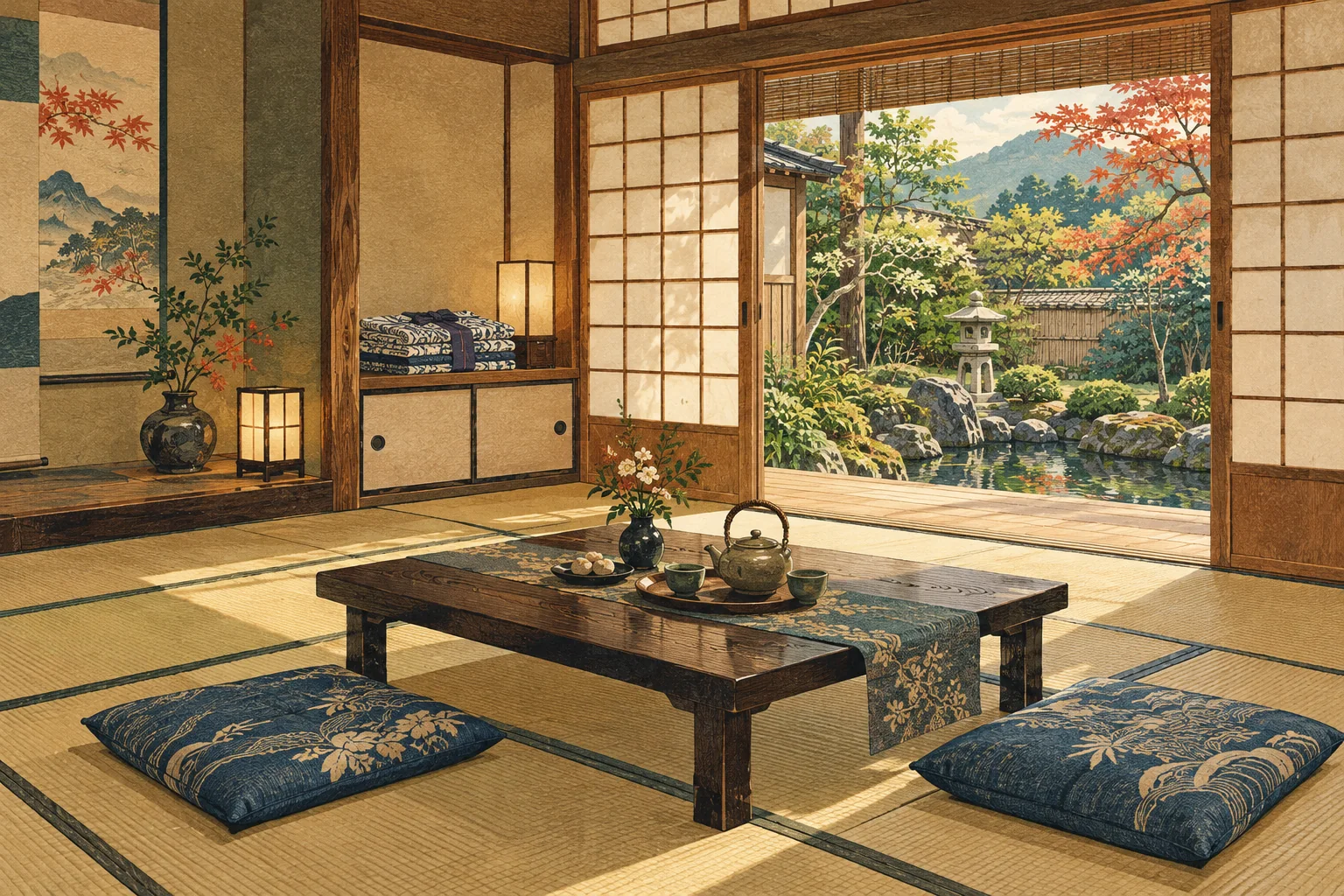 Illustration originale d’une chambre à tatamis avec table basse, service à thé et cloisons shoji ouvrant sur un jardin japonais