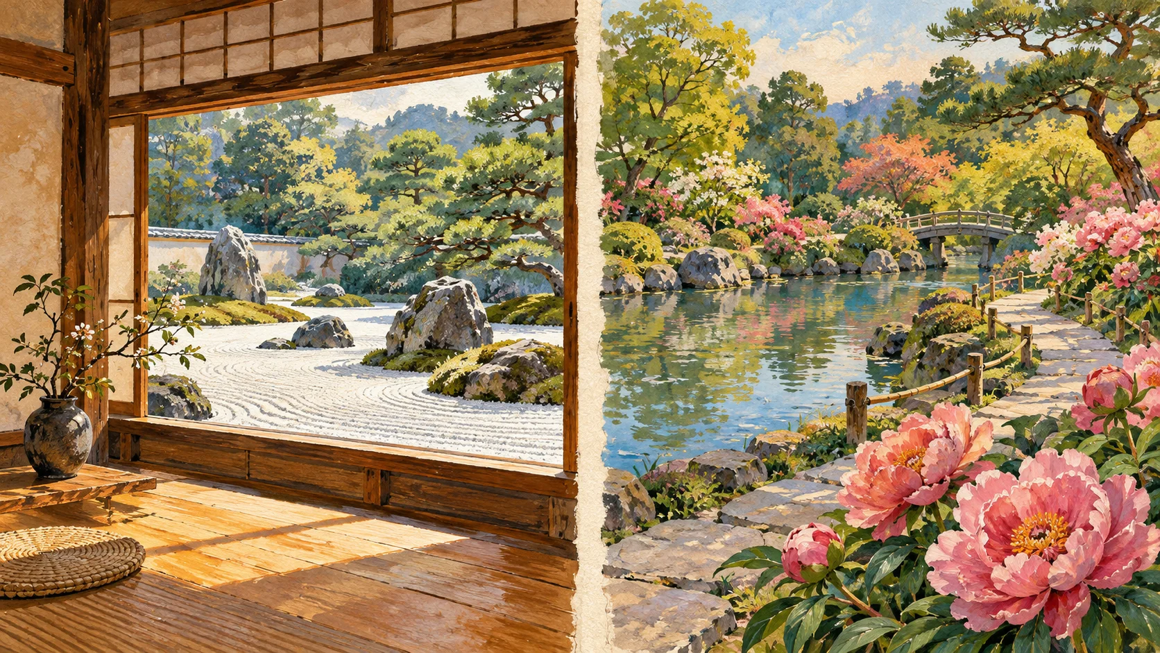窗框中的枯山水與牡丹池園分景水彩插畫