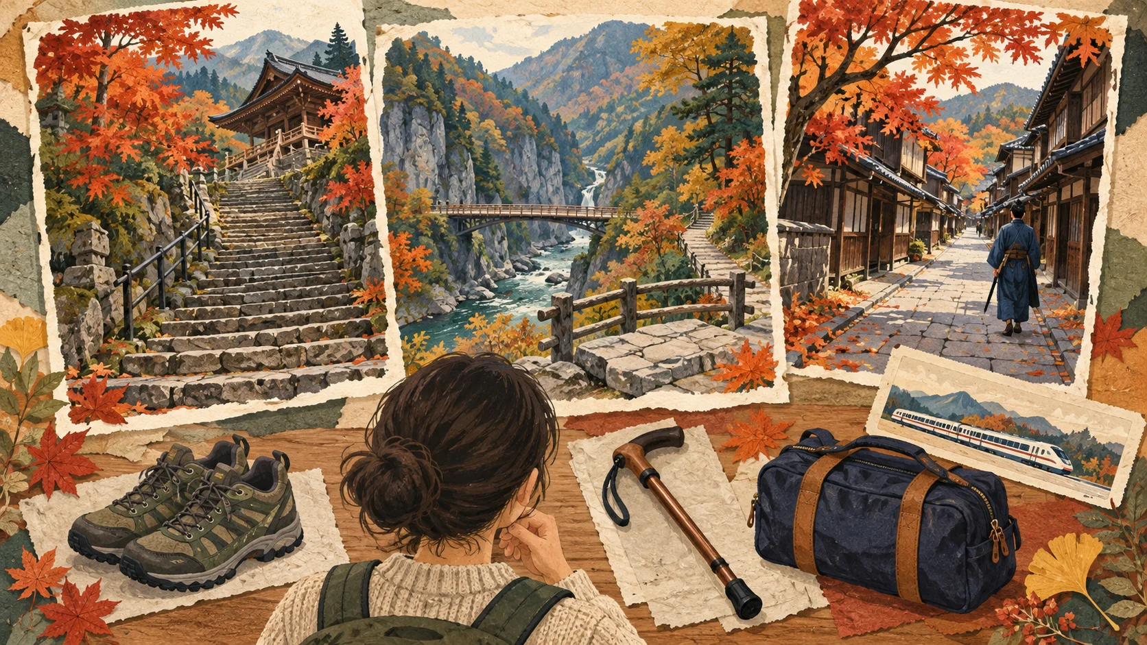 Drei Herbstkarten zeigen Tempeltreppen, eine Schluchtbrücke und eine Holzstraße, davor Schuhe, Stock, Reisende, Bahnticket und Übernachtungstasche.