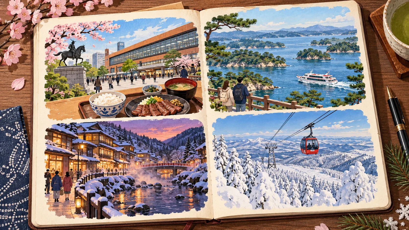 An open notebook shows four scenes: a city station and meal, islands and a cruise boat, a snowy riverside street, and a gondola above a snowy forest.
