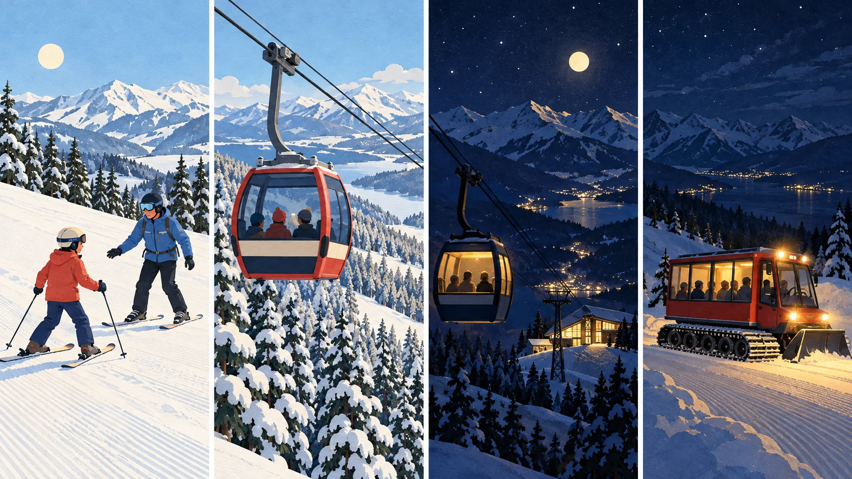 Vier Szenen zeigen Skilehrer mit Kindern am Hang, Tagesseilbahn durch Schneewald, nächtliche Seilbahn und ein Kettenfahrzeug mit Gästen.