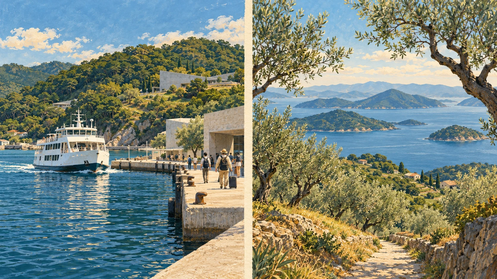 Two island-travel scenes: a port ferry and waiting travelers, and olive trees and a walking path on a small hill facing the sea.