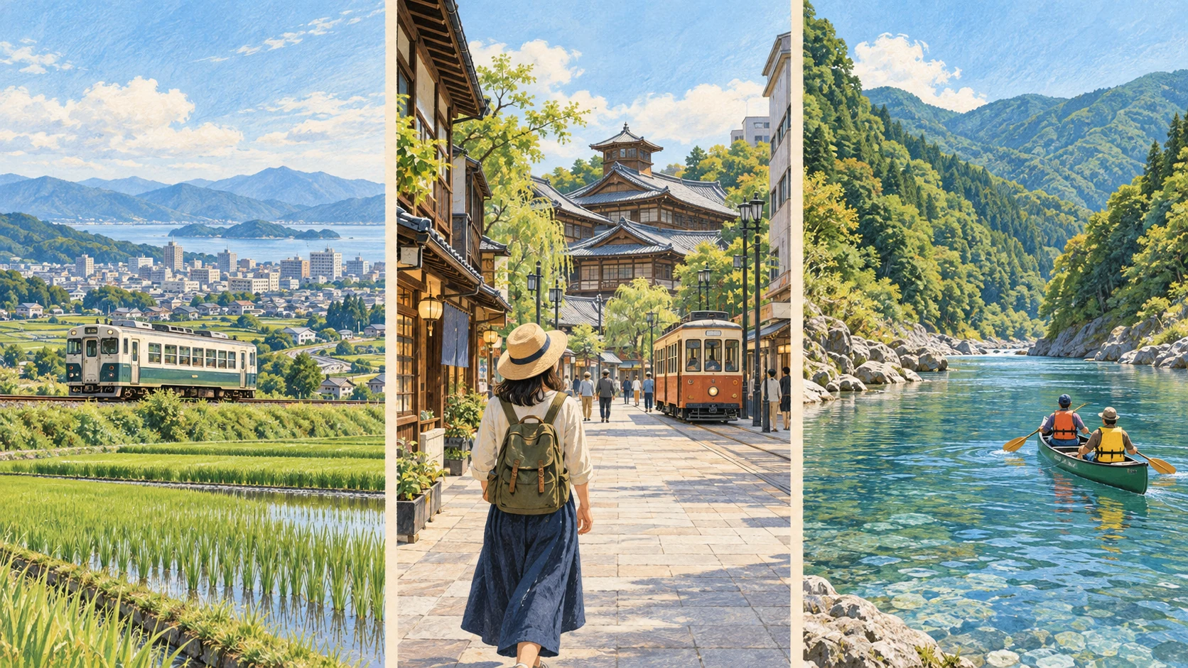 Three separate scenes show a coastal train, a walk through a hot-spring town and river activities with life jackets.
