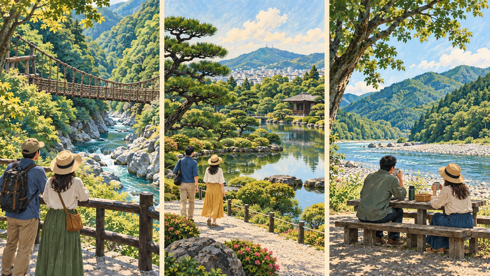 Separate scenes show a distant valley suspension bridge, a city-garden path and people resting by a river.