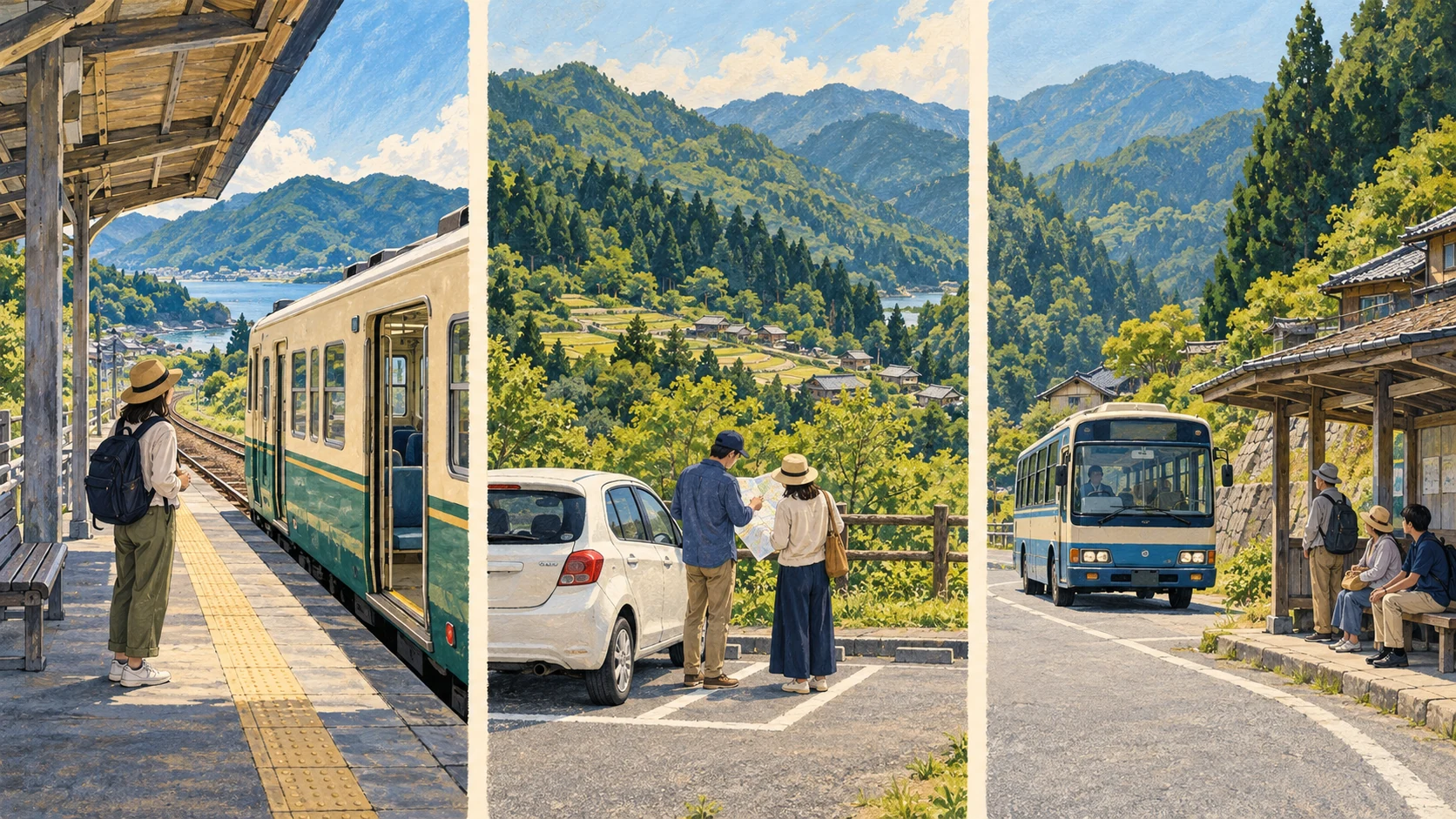 Three separate scenes show a railway platform, drivers preparing to park and passengers waiting for a mountain bus.
