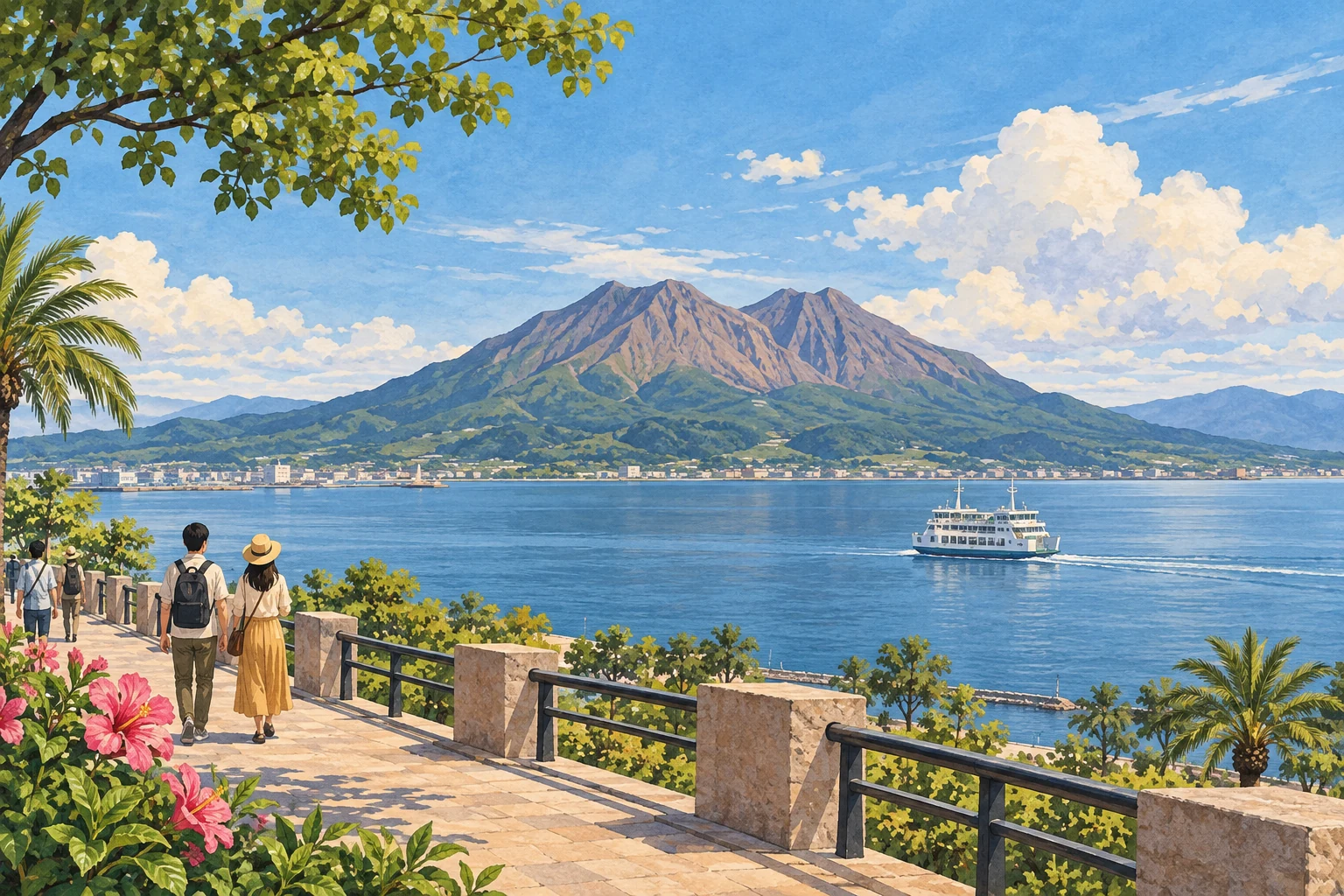 Travelers on Kagoshima’s waterfront look toward a ferry on Kinko Bay and Sakurajima in the distance.