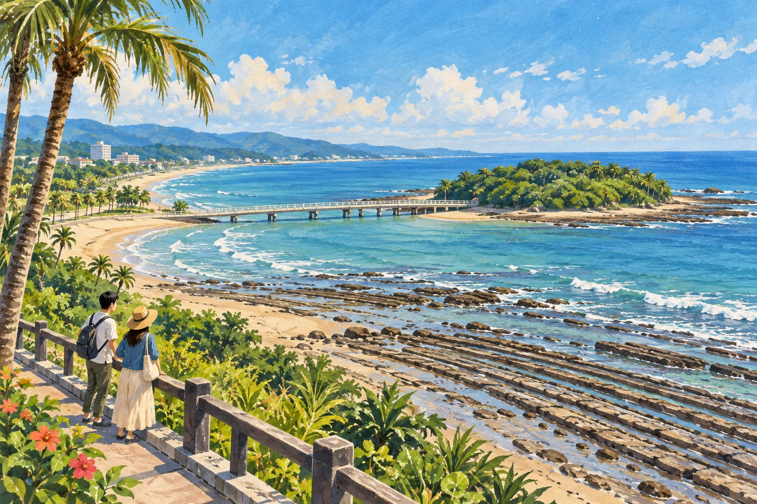 A traveler on a coastal path looks toward a bridge, a green island and layered washboard-like rocks.
