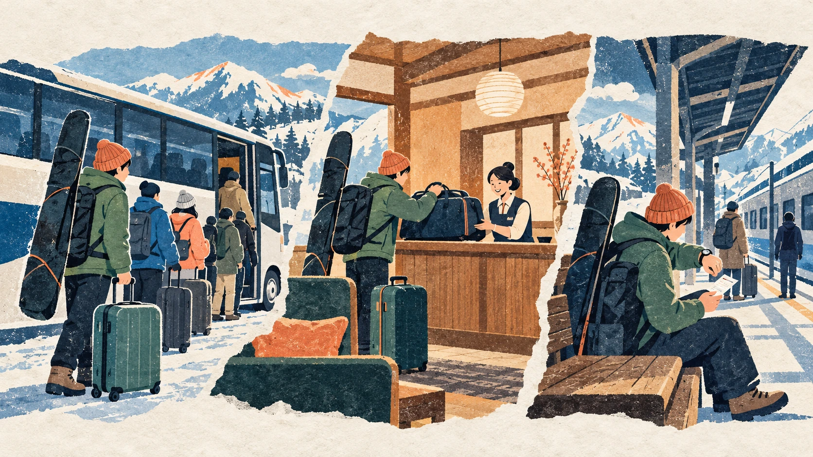 Drei Situationen zeigen Koffer und Skitasche beim Bus, Gepäckübergabe am Hotelschalter und Reisende mit Ticket und Uhr am Bahnsteig.
