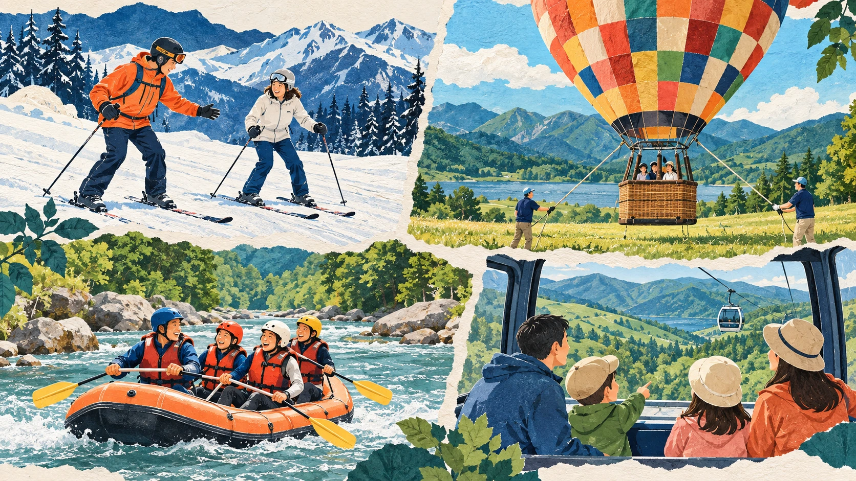 Vier Felder mit Skiunterricht, angebundenem Ballon, Raftinggästen in Schwimmwesten und Familie in einer Gondel über grünen Hängen.