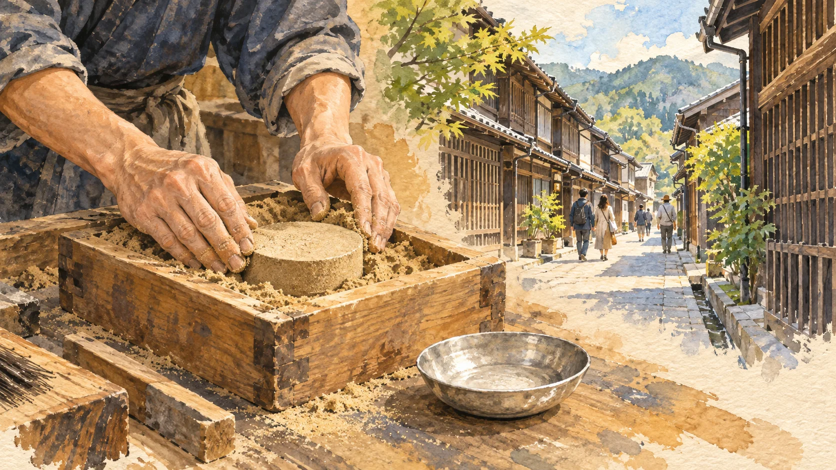 職人雙手製作砂模、金屬小碟與格子町屋街道的水彩插畫