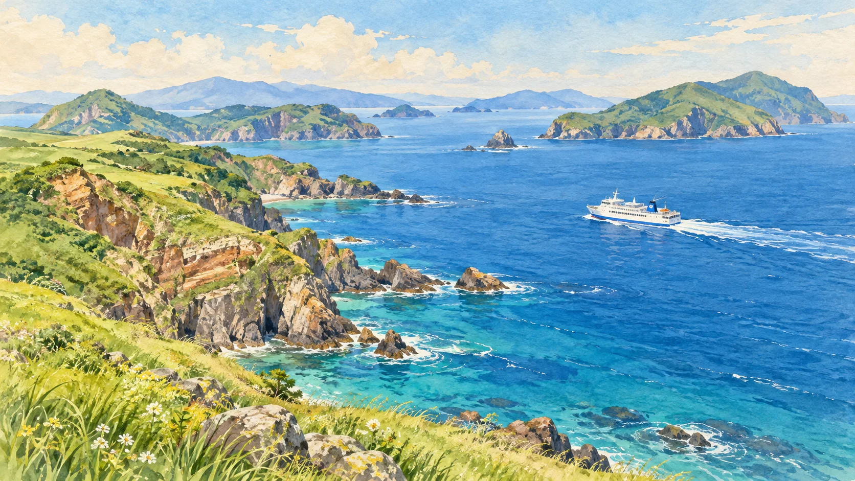 草綠色海岸、層疊島嶼與藍色海面上白色渡輪的水彩插畫