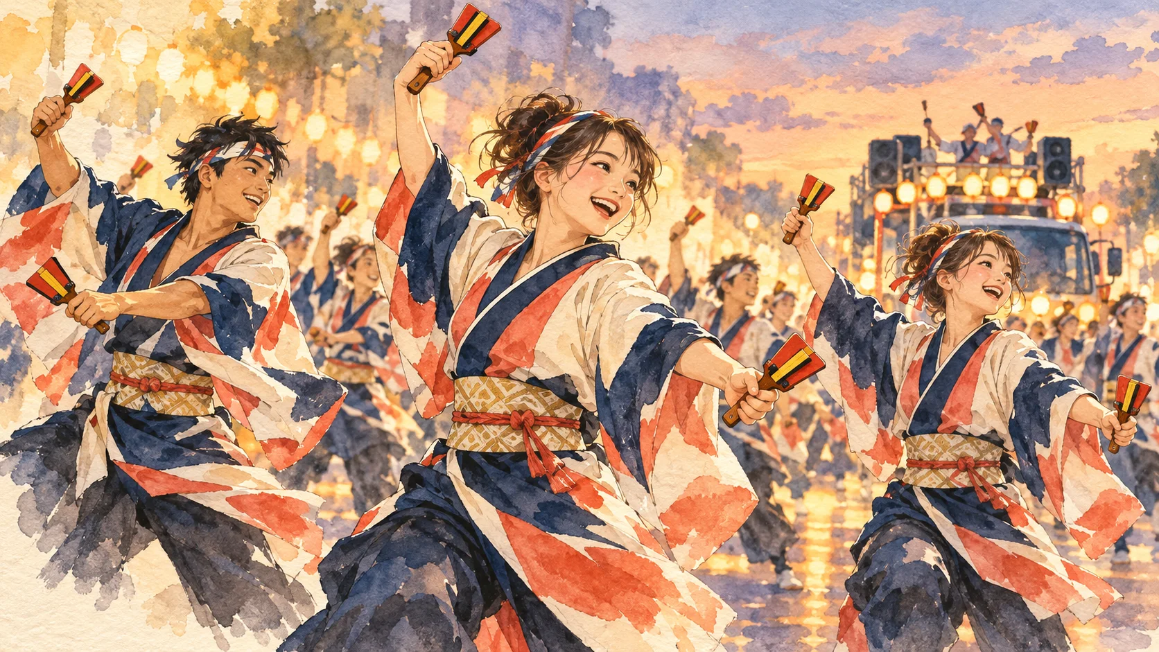穿著藍白紅祭典服裝的舞者雙手持紅黃鳴子起舞，後方可見裝飾卡車與音響