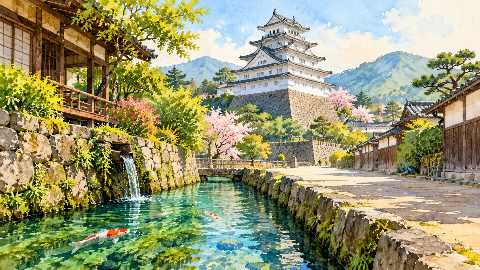 白色五層城郭、清澈錦鯉水道與木造城下町街屋的紙感水彩插畫