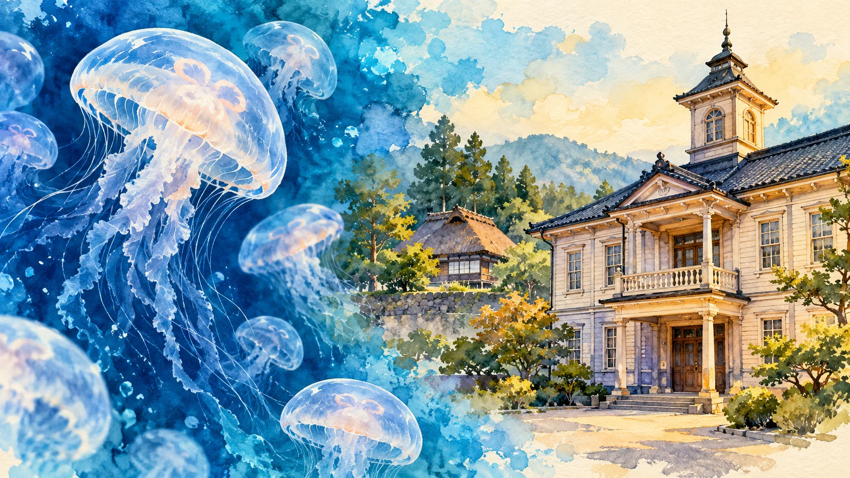 深藍水中半透明水母與庄內塔屋建築、茅葺民宅的紙感水彩插畫