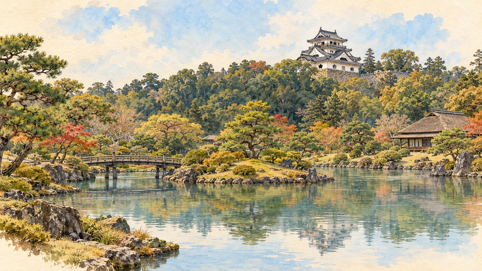 玄宮園池面倒映庭樹,石岸、橋與茶亭後方的林丘上立著白色三層彥根天守,呈現紙感水彩與細墨線