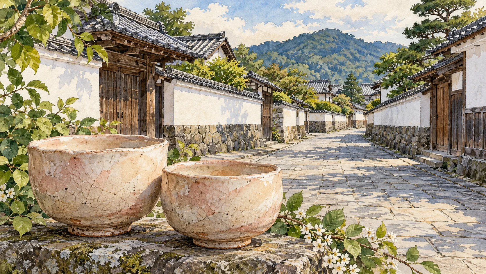白牆黑瓦的萩城下町街巷與兩只粉白釉萩燒茶碗的水彩墨線插畫