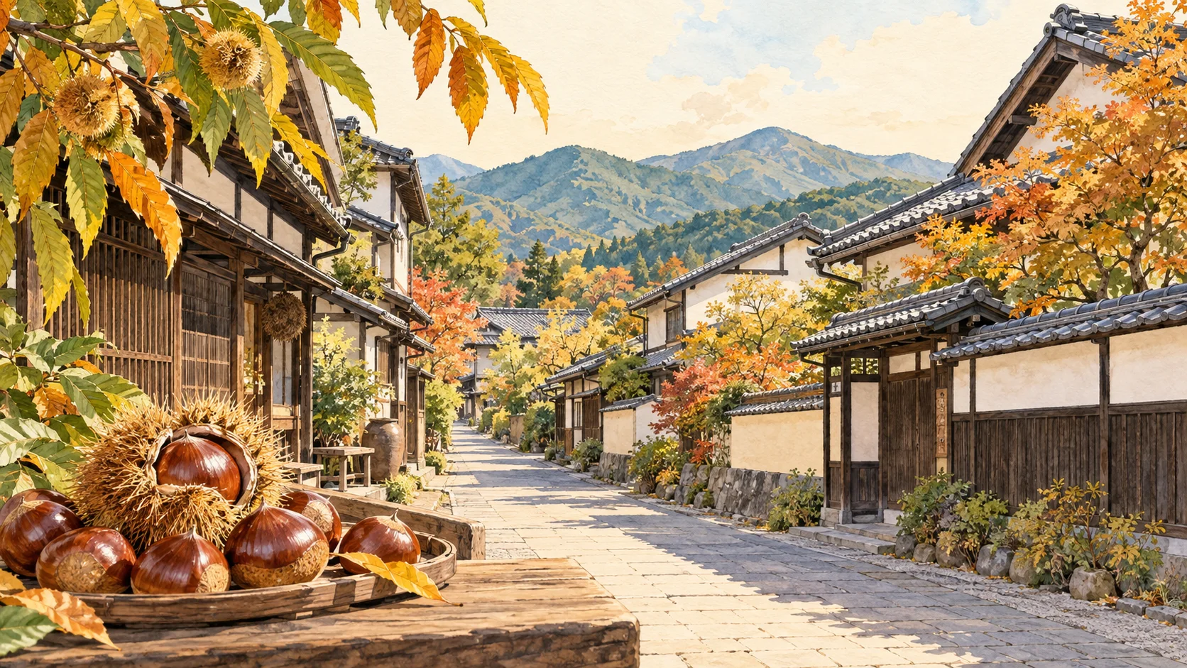 栗子與帶刺栗殼、傳統木造街屋及遠山的秋日紙感水彩插畫