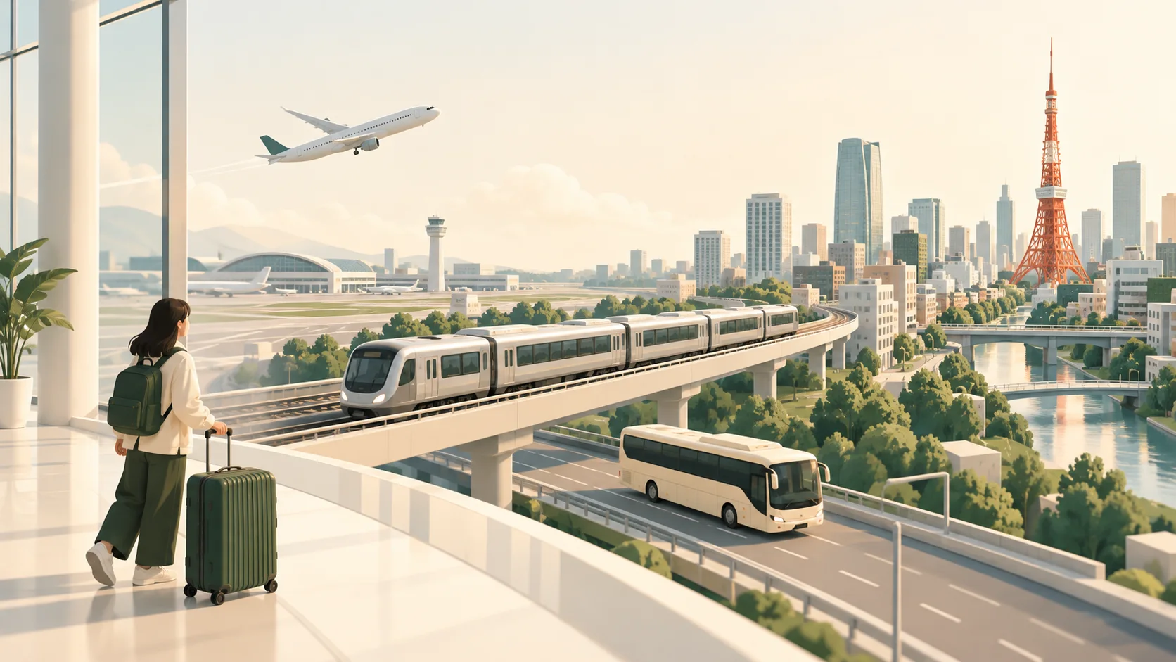 A traveler with a dark-green suitcase stands beside an airport window as a train and a bus head toward Tokyo neighborhoods, with Tokyo Tower in the distance.