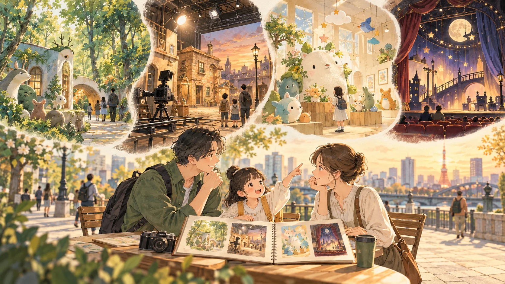 Two parents and their daughter look through a travel picture book at a riverside table in Tokyo, with scenes of a woodland museum, film sets, cute characters and a stage above them.
