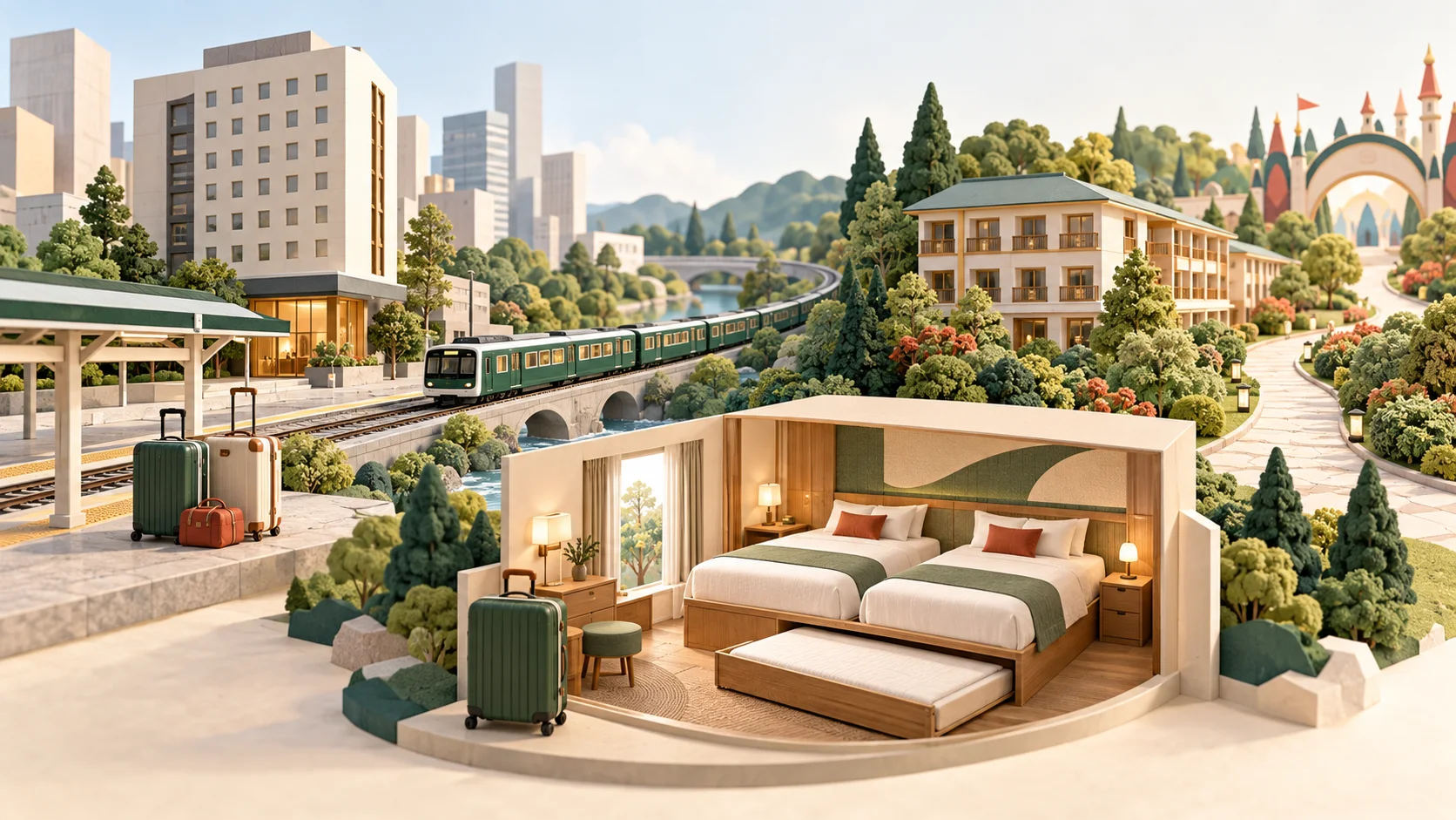 Un train relie hôtel urbain et hôtel près des jardins ; au premier plan, une chambre en coupe montre deux lits et un lit gigogne plus bas.