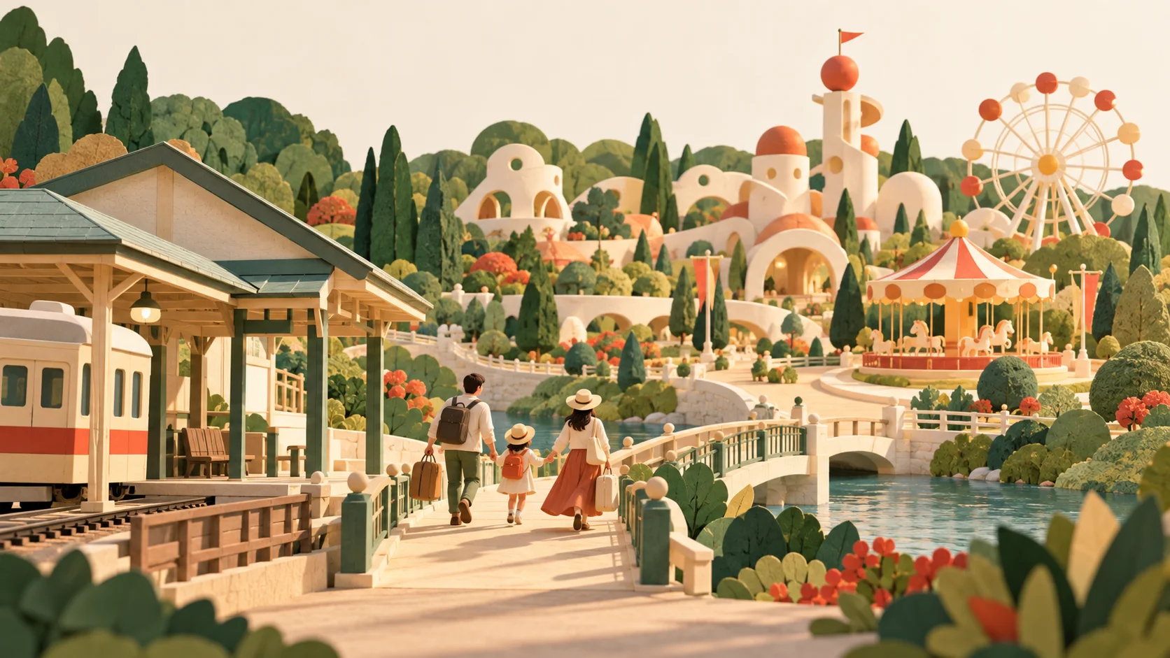 Three travelers follow a footbridge from a Japanese-style station toward a miniature garden park with a carousel and Ferris wheel.