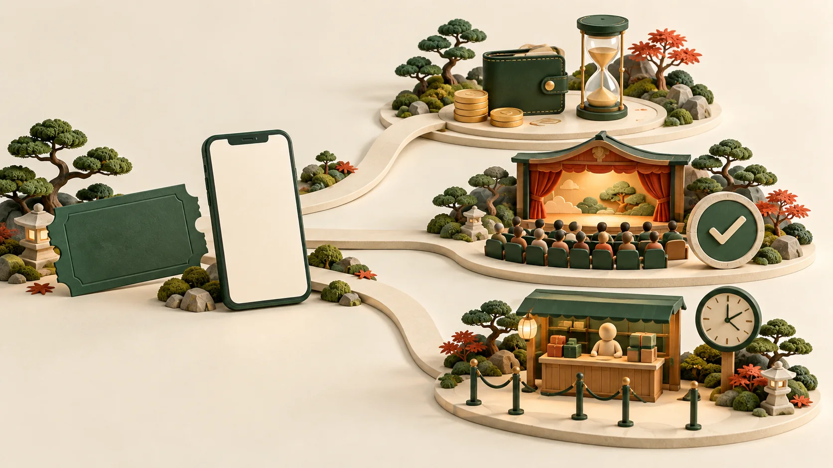 Un billet vierge et un téléphone rejoignent trois chemins : portefeuille avec sablier, sièges de théâtre, puis boutique avec horloge.