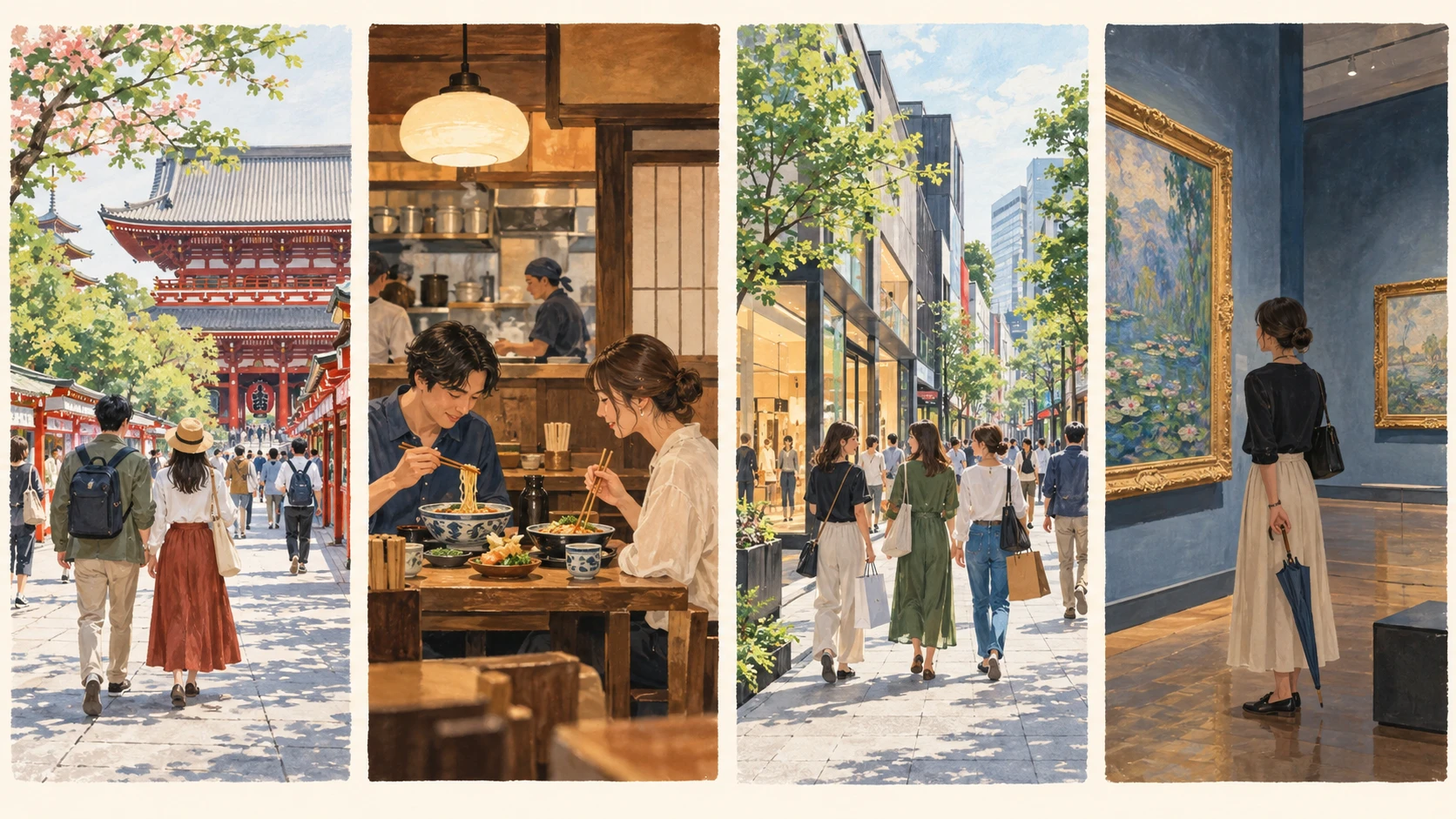 Four scenes show a temple walk, a seated lunch, shopping on a neighborhood street and a museum visit with a folded umbrella.