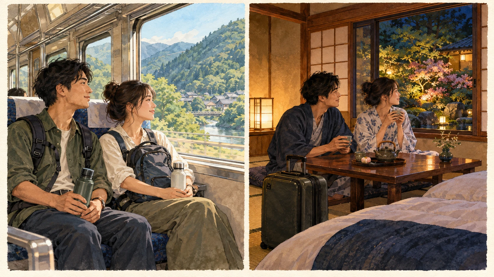 On the left, a traveler with a small backpack sits on a train; on the right, travelers put down luggage and rest with tea inside an inn.