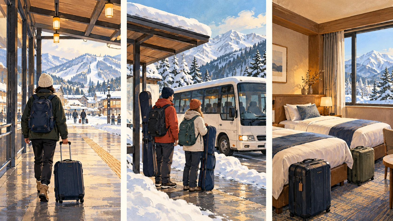 Three separate scenes show a traveler walking along a path near a station, waiting at a shuttle stop and a guest room with two single beds.