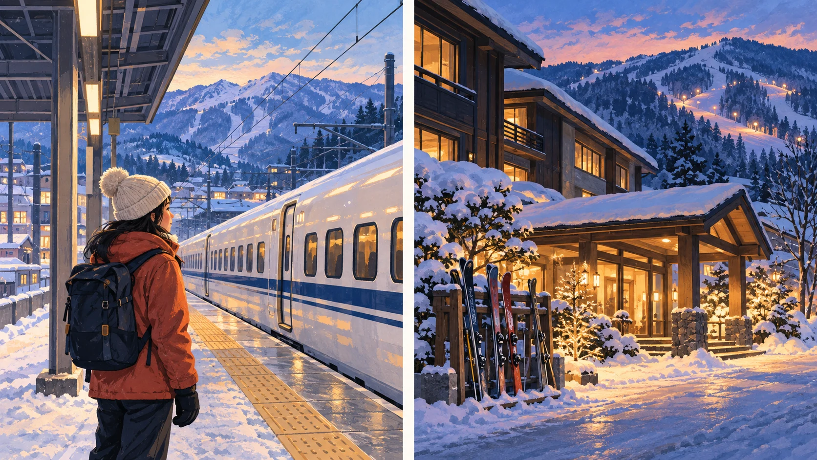 Links steht eine Person mit Rucksack auf dem Bahnsteig eines Bergbahnhofs; rechts leuchtet ein Berggasthaus, vor dem Skiausrüstung steht.