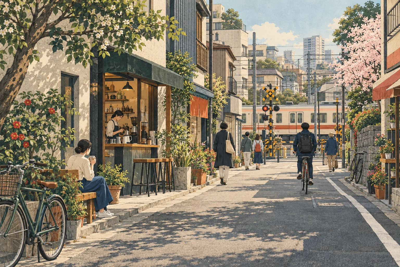 Original illustration of a sunlit Tokyo shopping street with pedestrians and greenery
