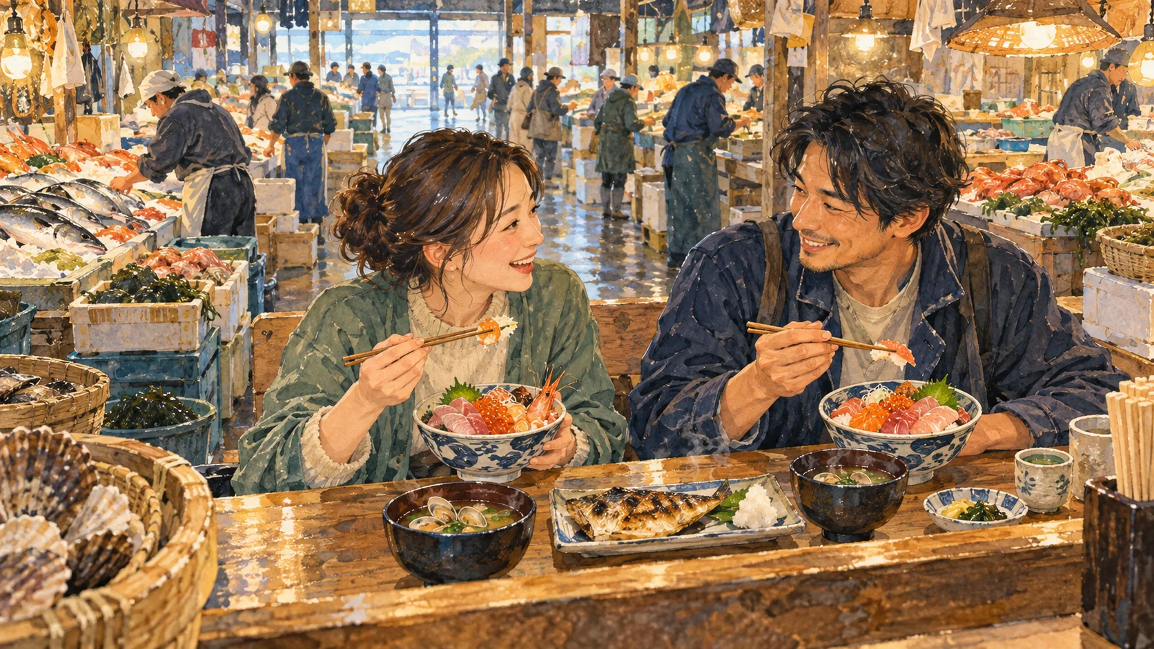 兩位旅客在市場木桌前品嘗海鮮飯、烤魚與熱湯的水彩插畫