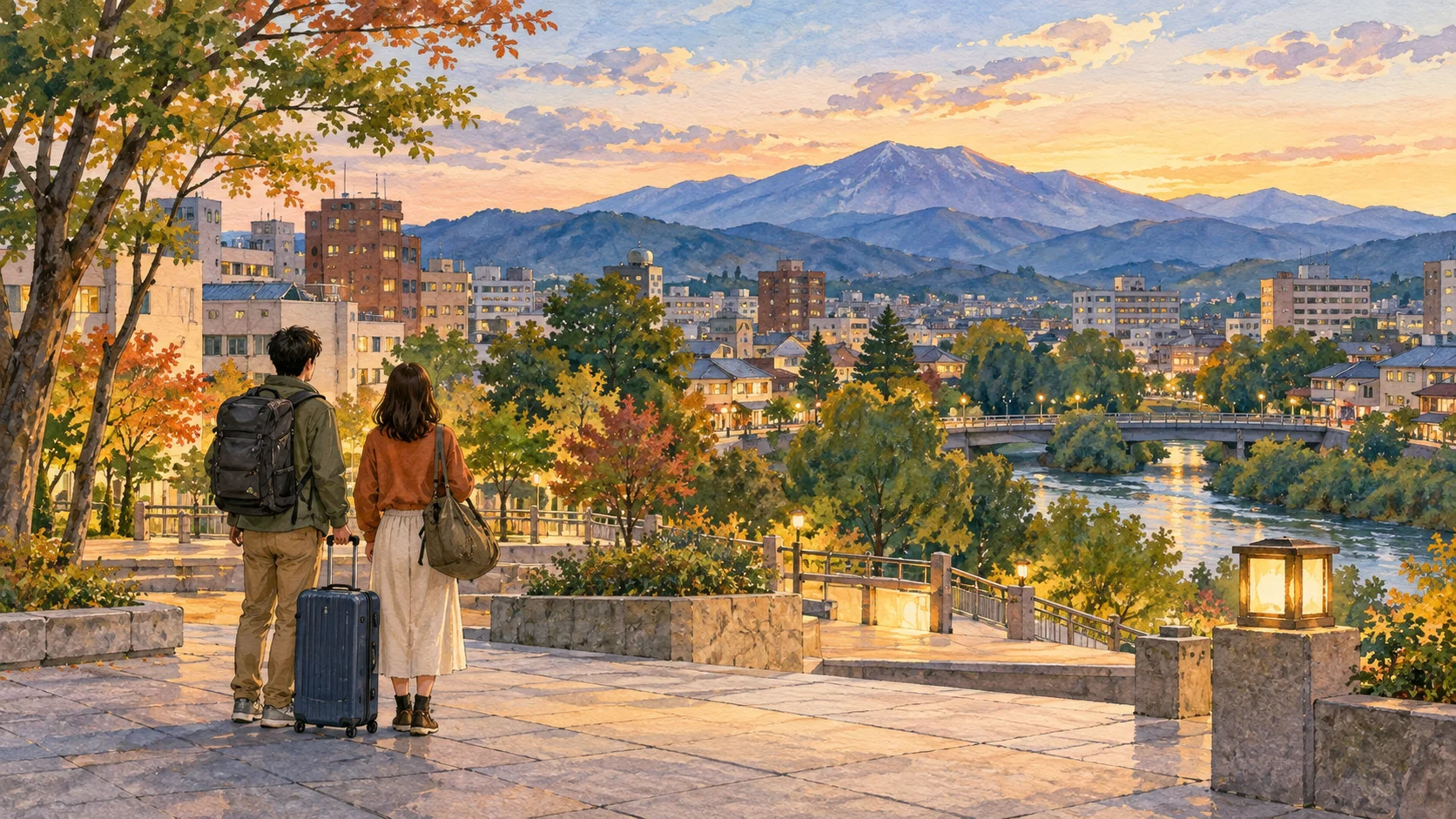 兩名旅客帶著行李，在秋色廣場眺望傍晚的河流、城市與遠山水彩插畫