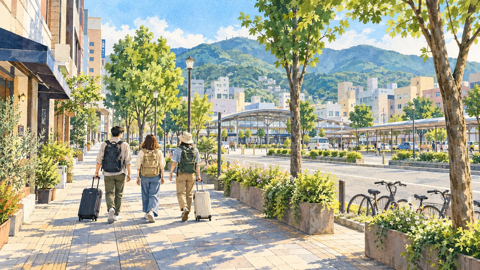 三名旅客拖著行李沿綠樹街道走向遠處站區，背景有山丘與城市建築的水彩插畫