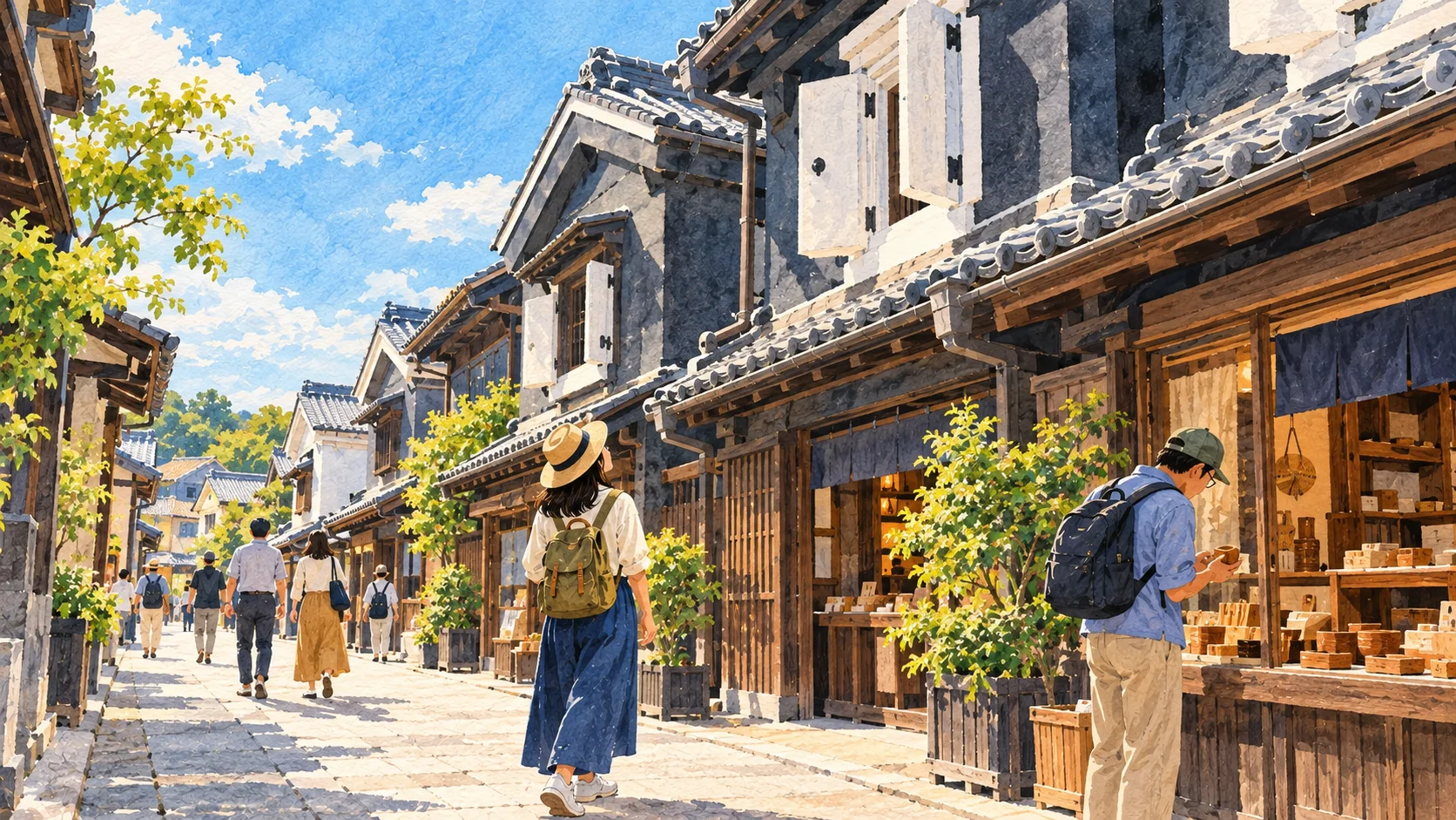 旅人在藏造風格街道觀察厚窗、屋瓦與木製工藝品的水彩插畫