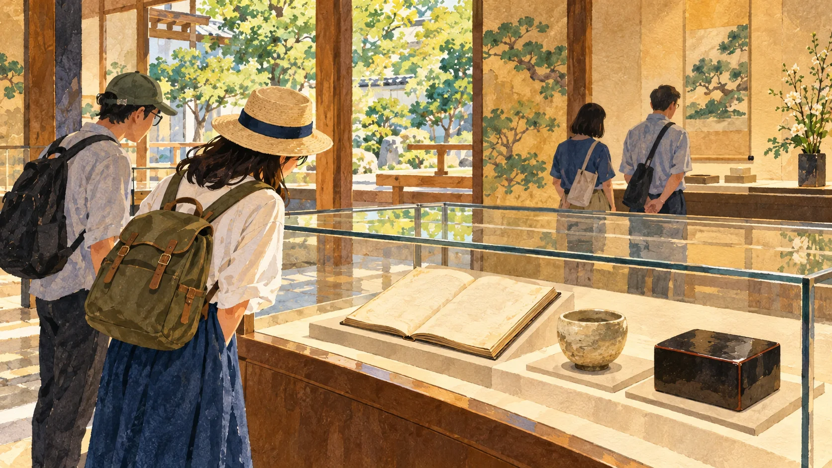 觀眾在概念展覽空間觀看書籍、陶器與漆盒的水彩插畫