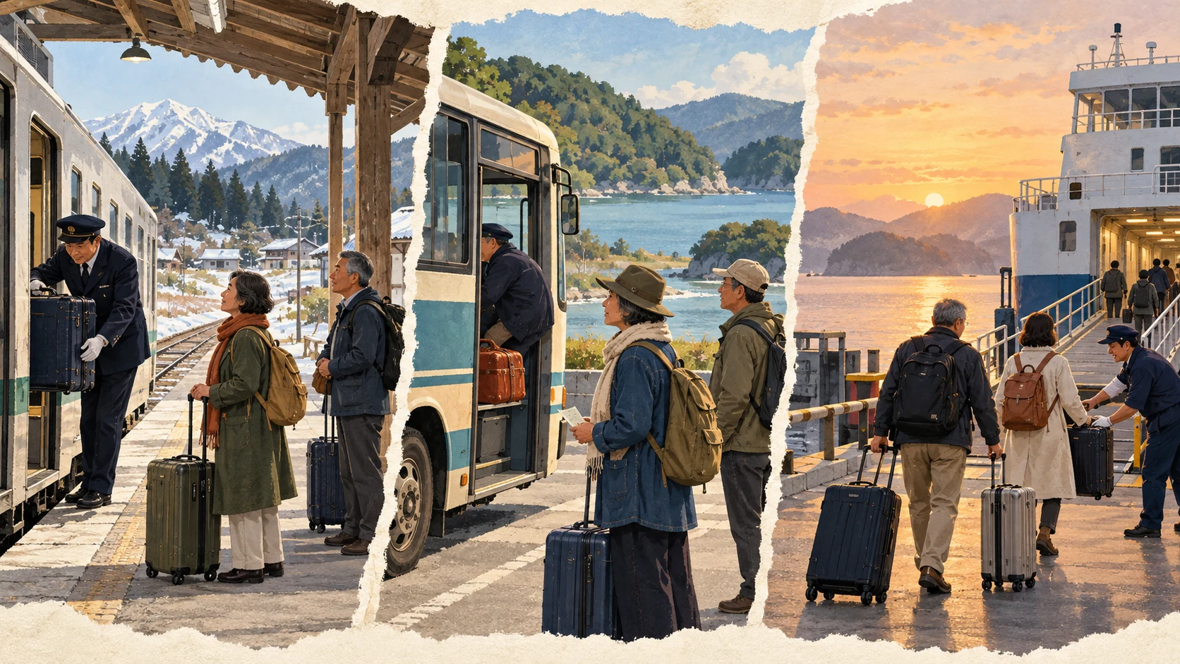 Three scenes show travelers handing luggage over beside a train, waiting by a bus, and taking wheeled cases toward an early ferry.