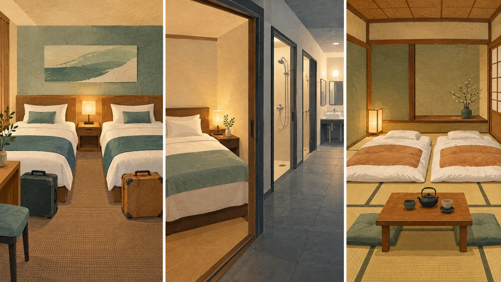 Three interiors show twin beds with luggage, a shower corridor outside a bedroom, and a tatami room with two futons and a low table.