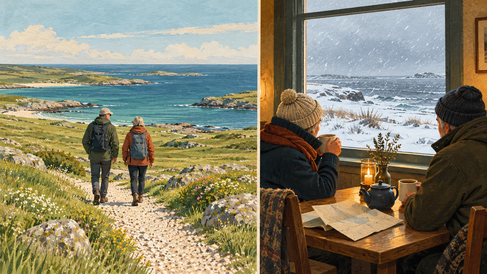 On the left, two people walk a pale gravel path along a green coast; on the right, two people drink tea indoors while snow falls over the shore outside.